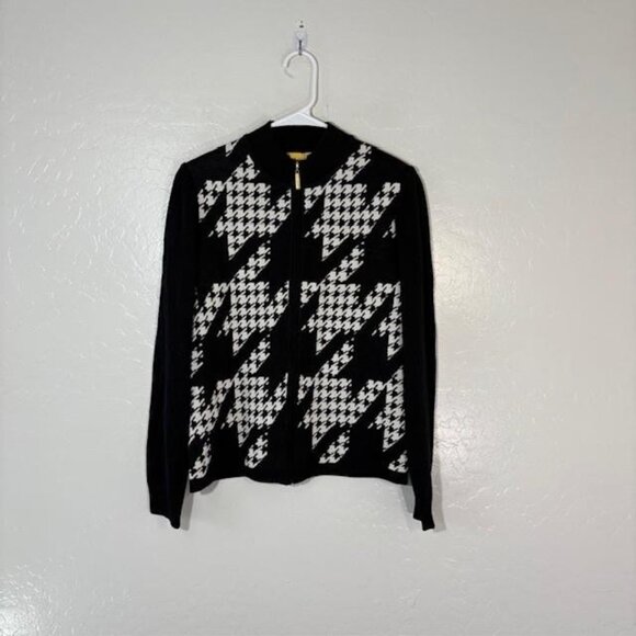St John Sweater Womens Petite Black White Wool Zip Houndstooth Bomber Cardigan - Picture 1 of 8